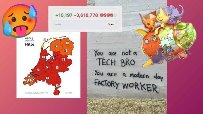 Collage van een emoji met een heet gezicht, een git diff, weersvoorspellingen, radicale graffiti en vliegende fediverse-mascottes.