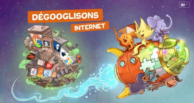 Fediverse mascottes cheerfully fly away on a rocket towards the future, under the heading ‘gegoogle the internet’.