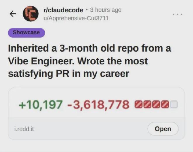 Een Reddit-bericht van iemand die de voldoening beschrijft van het kunnen verwijderen van het grootste deel van de code in een geërfde, met Vibe-code geschreven repository.