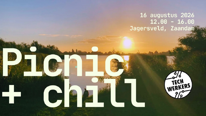 Flyer voor de Techwerkers picknick: 16 augustus 2026, 12.00 tot 16.00 uur, in Jagersveld, Zaandam