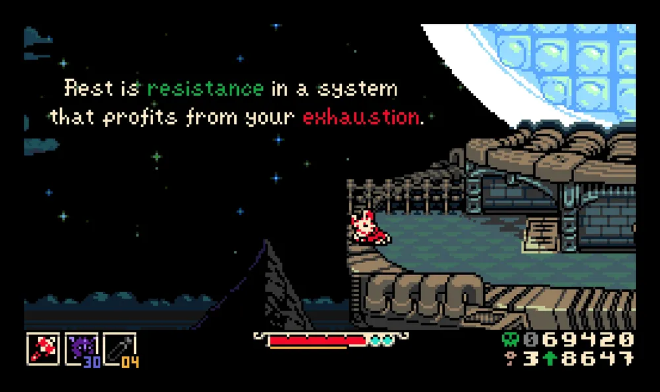 A retro in-game situation where a creature is napping, with the caption: ‘Rest is resistance in a system that profits from your exhaustion’.