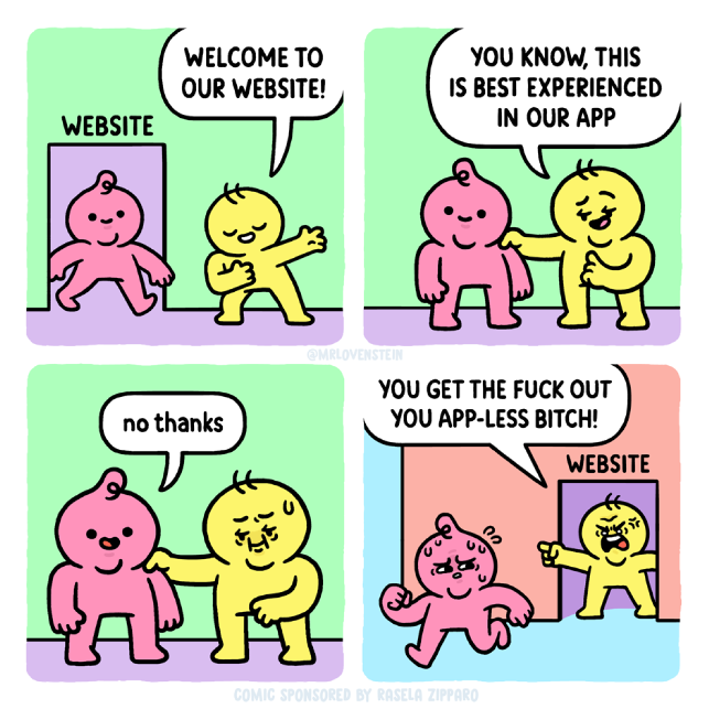 Een persoon gaat een metaforische website binnen, maar wordt weggedreven zodra ze aangeven dat ze de app niet willen gebruiken.