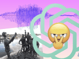 Collage met het standbeeld 'Staakt! Staakt! Staakt!' van Truus Menger, een chagrijnig ChatGPT-logo, zwevende cassettebandjes en een bord met de tekst 'AI schaadt ons'.