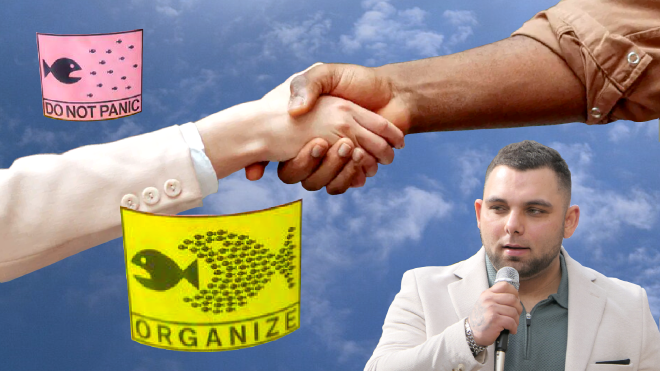 Collage van mensen die elkaar de hand schudden, klevers rondom organiseren, en een portret van Paweł Rudzki tegen een achtergrond van ee blauwe hemel met wolken.