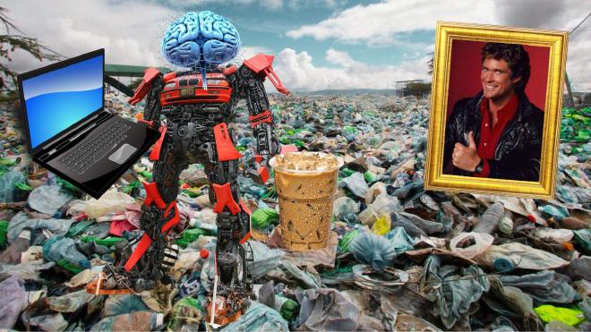 Collage met een robot, laptop, afvalberg, ijskoffie, en een vrolijke David Hasselhoff in een fotolijstje.